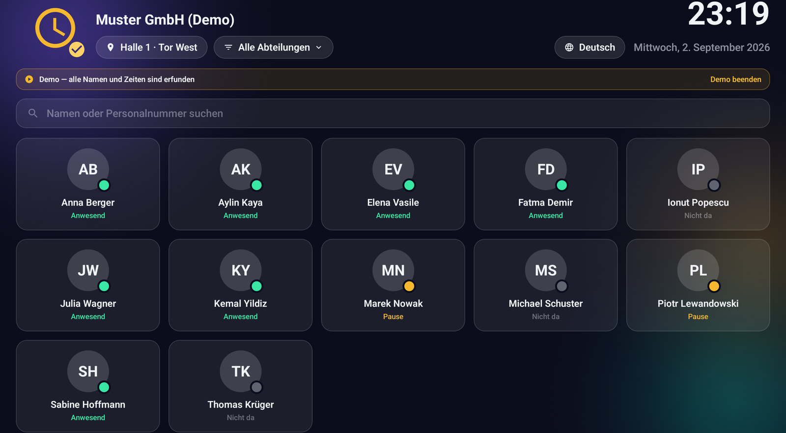 SHIFTDECK - TERMINAL — Mitarbeiter-Auswahl mit Anwesenheit