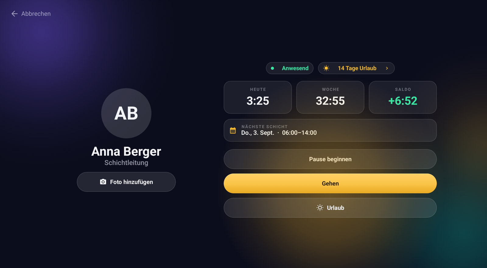 SHIFTDECK - TERMINAL — Stempeln mit Zeitkonto und nächster Schicht