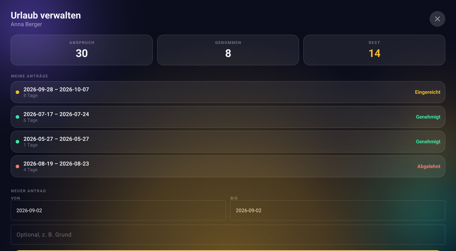 SHIFTDECK - TERMINAL — Urlaub beantragen am Gerät