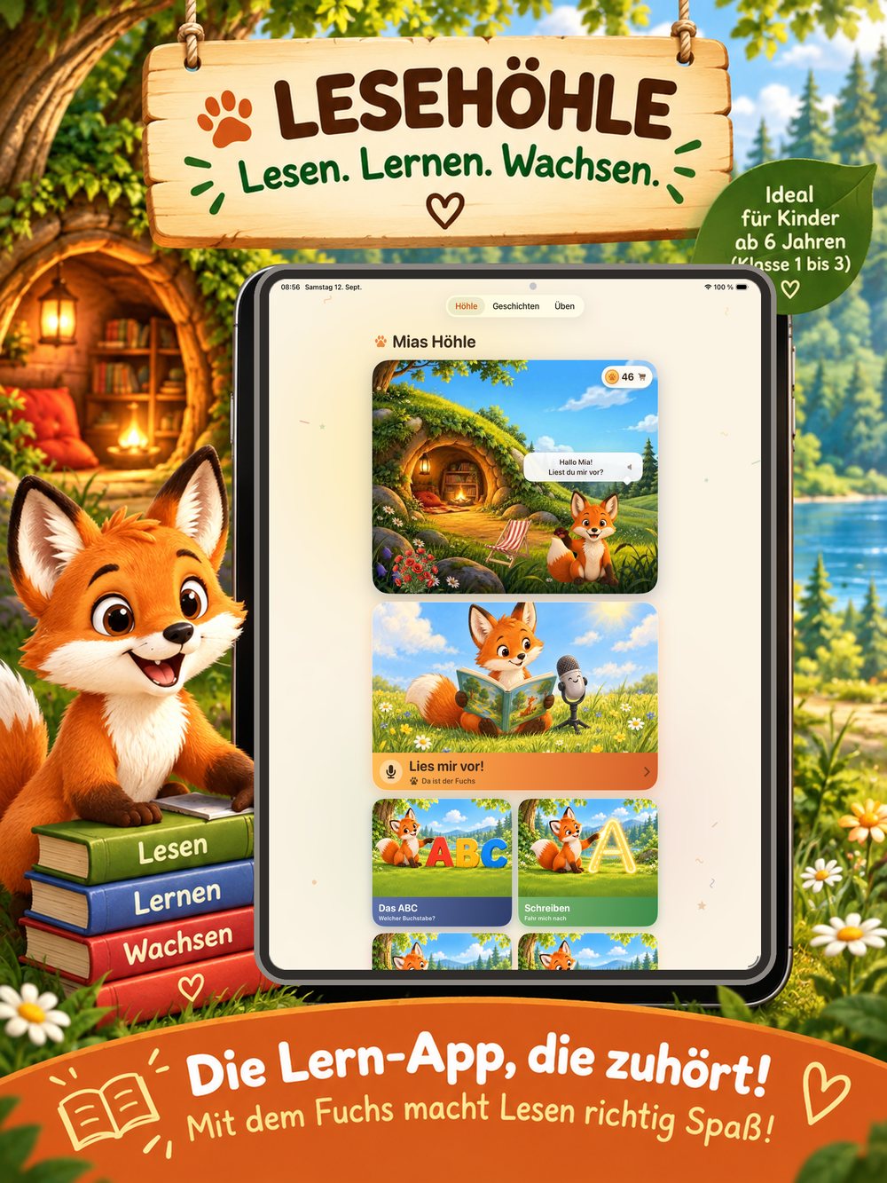 Die Höhle auf dem iPad: Mias Höhle mit Fuchs, Taler-Zähler, dem Knopf „Lies mir vor!“ und den Fächern; daneben der Fuchs vor einem Bücherstapel mit Lesen, Lernen, Wachsen.