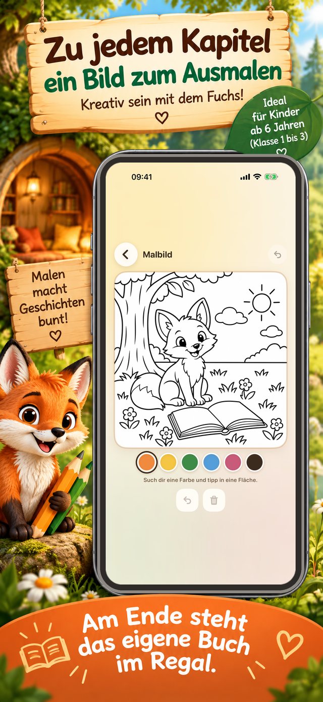 iPhone-Ansicht „Malbild“: eine Schwarz-Weiß-Zeichnung vom Fuchs mit Buch unter einem Baum, darunter eine Farbpalette zum Ausmalen mit dem Finger.