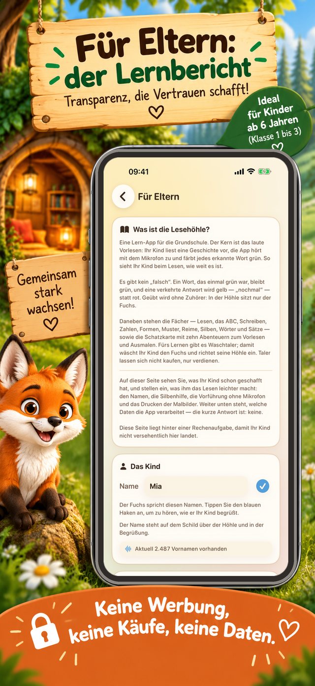 iPhone-Ansicht „Für Eltern“: Erklärungstext, was die Lesehöhle ist, darunter der Bereich „Das Kind“ mit dem Namen Mia.